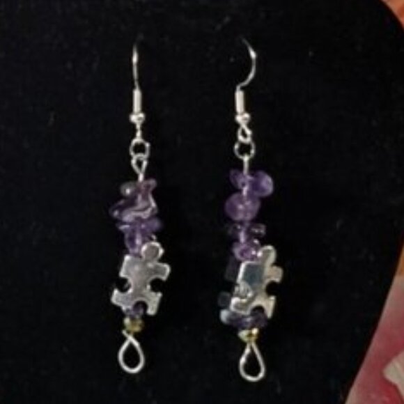 Hand Crafted Autism Pierced Earrings Puzzle Beaded Amethyst Chips Purple - Picture 1 of 7